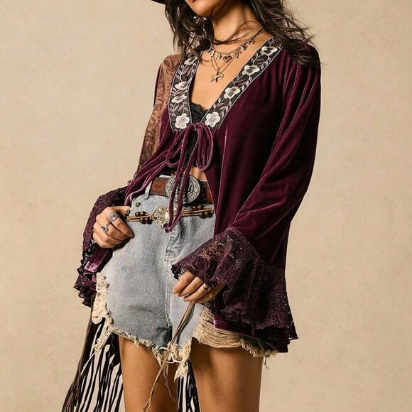 Multicolor Boho Women's Nomadic V-Neck Tie-Up Lace Patchwork Flare Sleeve top - Picture 6 of 7